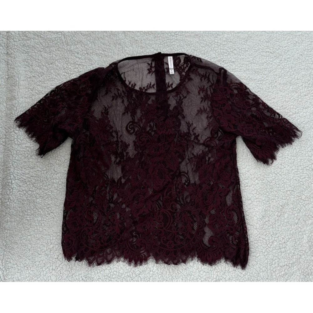 Y2K Burgundy Sheer Lace Floral Top Short Sleeve Academia Whimsigoth Boho Chic